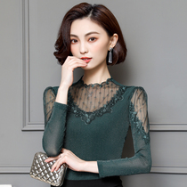 New Bright Silk Mesh Backing Shirt Women's Fall Winter 2021 Style Joker High Neck Hollow Lace Jacket with Small Shirt