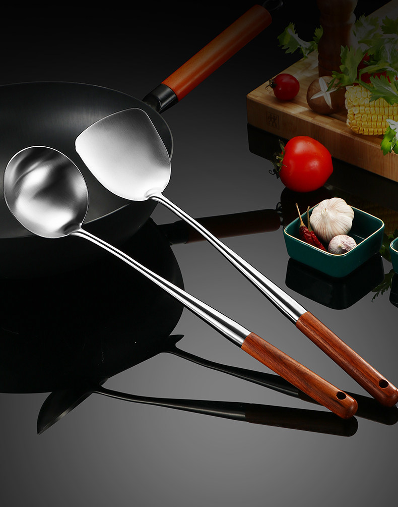 304不锈钢炒勺炒铲家用长柄炒菜勺子木柄厨师专用汤勺分菜勺锅勺