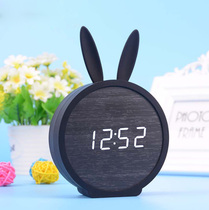 Creative silicone LED alarm clock student wooden clock voice control cartoon alarm clock wooden home temperature three sets of alarm clock