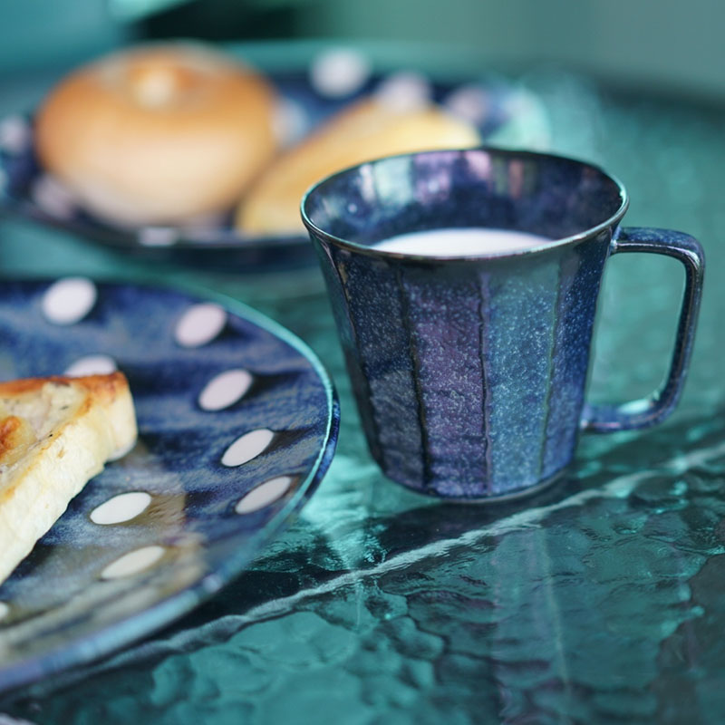 日本進口侘寂超輕陶瓷波點美濃燒窯變藍馬克杯咖啡杯餐具