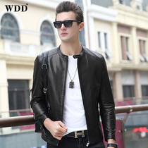 2021 spring Haining leather leather mens sheep jacket short stand collar locomotive tide single leather thin coat