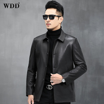 2021 autumn new first layer deerskin leather jacket mens leather jacket short lapel lapel middle-aged dad jacket