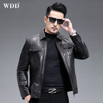 2022 new Haining leather jacket mens lapel short motorcycle suit goatskin jacket autumn casual jacket thin