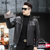 2022 Haining genuine leather jacket mens head layer cowhide short jacket down jacket hooded detachable winter tide jacket