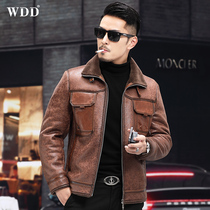 Henning genuine leather fur coat mens leather hair integrated short with body jacket turning over the lamb wool locomotive to serve winter coat