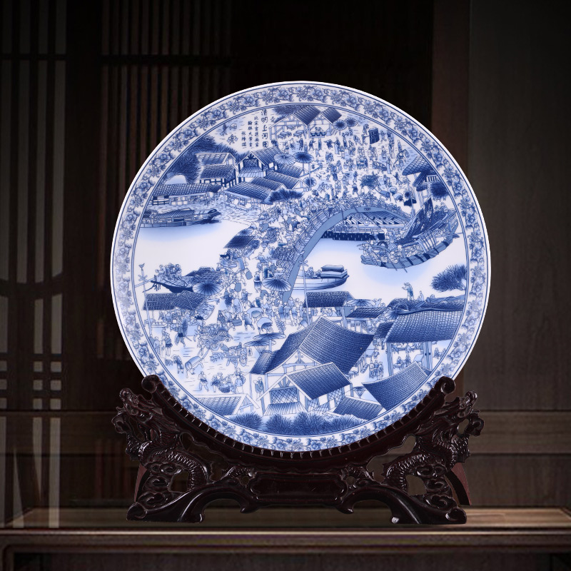 Jingdezhen blue and white ceramics clear painting decorative plate hanging dish Chinese style living room home rich ancient frame furnishing articles