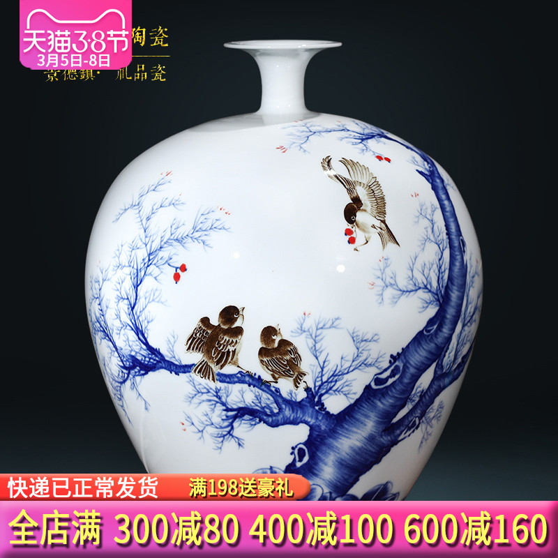 Jingdezhen ceramics famous master hand draw large blue and white porcelain vases, Chinese style living room TV cabinet porch place