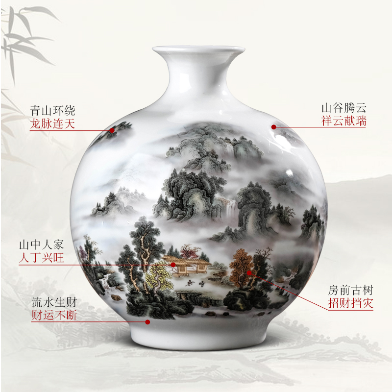 Jingdezhen ceramics flower vase furnishing articles sitting room of the new Chinese style household landscape painting pomegranate wine bottle decoration