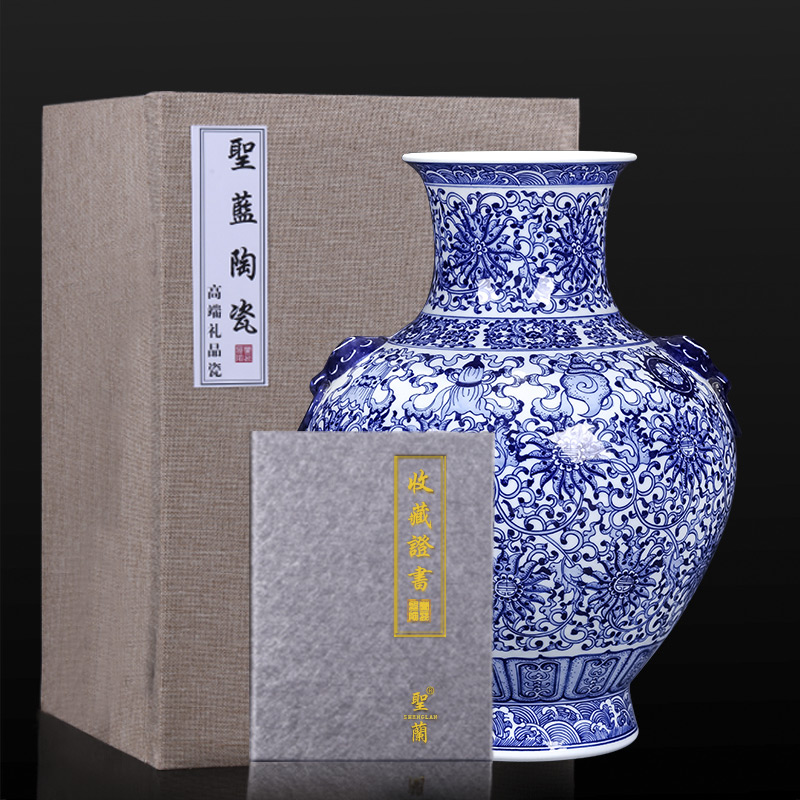 Jingdezhen ceramics imitation qianlong hand - made the ears of the blue and white porcelain vase furnishing articles Angle of new Chinese style living room what ornaments