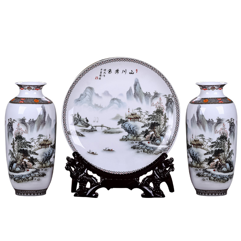 Landscape painting of jingdezhen ceramics vase three - piece decorative hanging dish household adornment rich ancient frame is placed in the living room