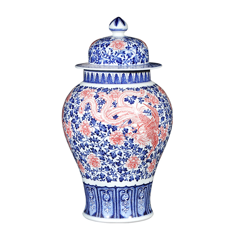 Antique blue and white porcelain of jingdezhen ceramics general tank storage jar with a lid Chinese ancient frame is placed in the living room