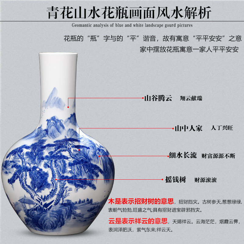 Jingdezhen ceramics antique Chinese classical landscape painting large blue and white porcelain vase flower arrangement sitting room adornment is placed