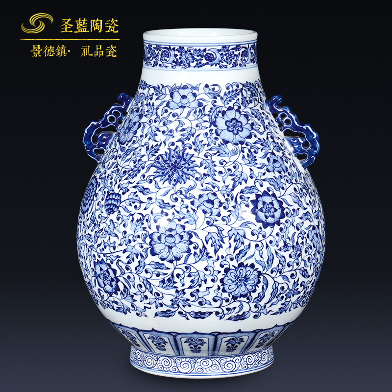 Jingdezhen ceramics imitation qianlong rich ancient frame antique Chinese blue and white porcelain vase sitting room adornment is placed