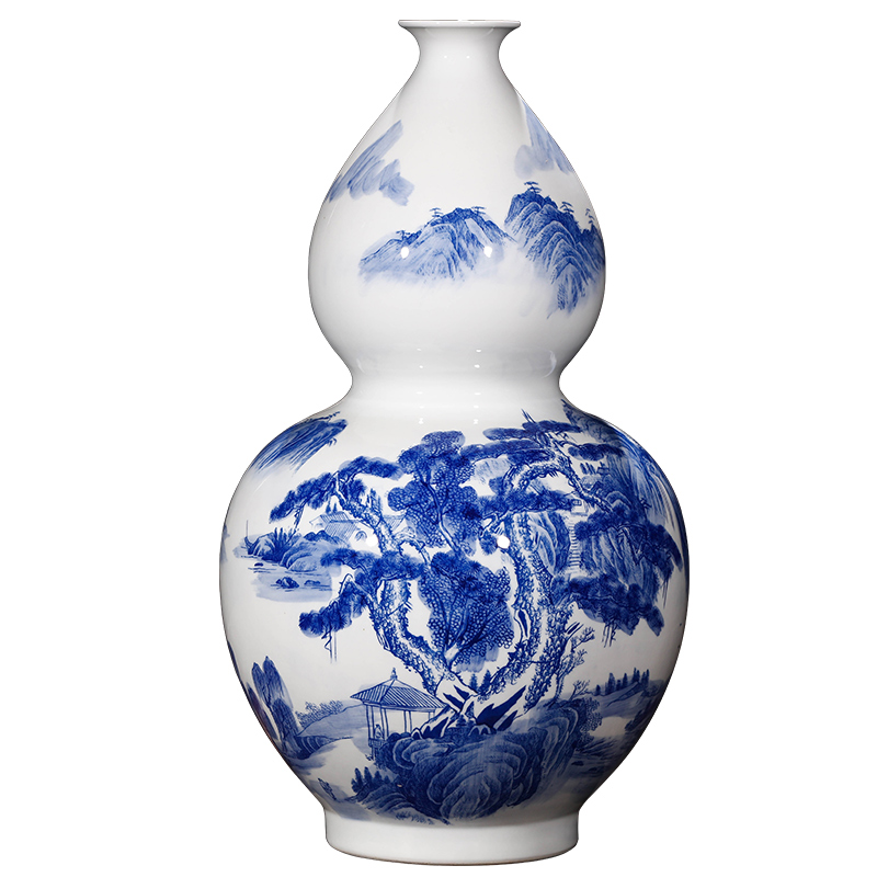 Jingdezhen ceramics landing large Chinese blue and white porcelain bottle gourd vase sitting room feng shui decorations furnishing articles