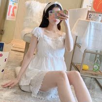 Pajamas womens summer cotton thin suspender shorts set white court princess style sweet home service with chest pad