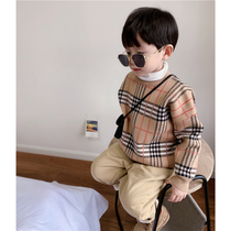 Tong Ma boy classic Plaid Korean version loose sweater Childrens plaid sweater Baby core yarn sweater winter clothes