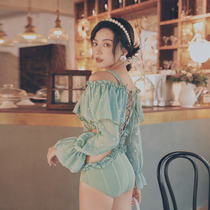 Swimsuit Korea ins Net red fairy fan lace conjoined conservative small chest long sleeve belly thin hot spring swimsuit