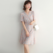 FENPERATE French style fresh printed one-piece dress 2022 Summer new temperament V collar cashew slim fit