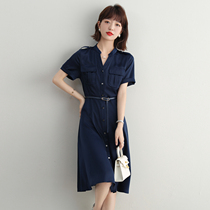 FENPERATE trendy delicately hidden cyan V neckline dress woman 2022 closeted waist commuter belt tooling dress