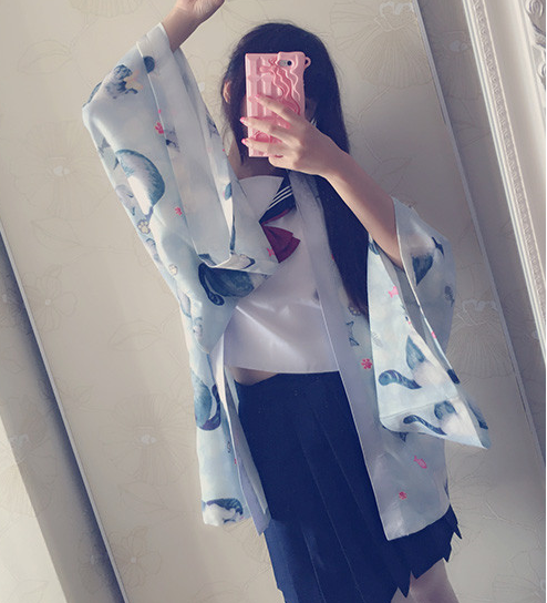 小雅家 日系软妹猫咪印花少女水色灰蓝色羽织浴衣宅舞外套