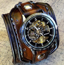 American Brown ◇ hand-made steampunk hollow mechanical custom lettering Brown leather mechanical watch