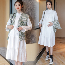 Pregnant womens autumn suit Fashion Net Red foreign air over the knee long skirt covering the belly is thin and not showing the dress spring and autumn