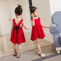Girls red cotton silk suspender dress summer Korean version baby bow chiffon foreign princess skirt A-line skirt
