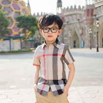 Boys short-sleeved plaid cotton shirt summer clothes baby British style casual tops personality striped inch shirt Korean version of the tide
