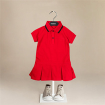 High-end girls and girls baby knitted polo skirt summer red Western-style dress girls short-sleeved cotton British style