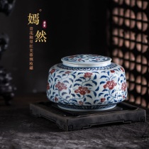 (Yanran)Hand-painted blue and white glaze red wrapped branch pattern Hibiscus flower tea pot Zen ceramic ornaments Chinese collection