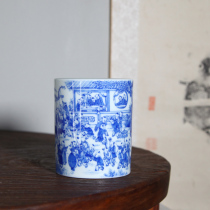 Hand-painted blue and white Baizi Yingchun pen holder outer diameter 9 4 inner diameter 8 height 11