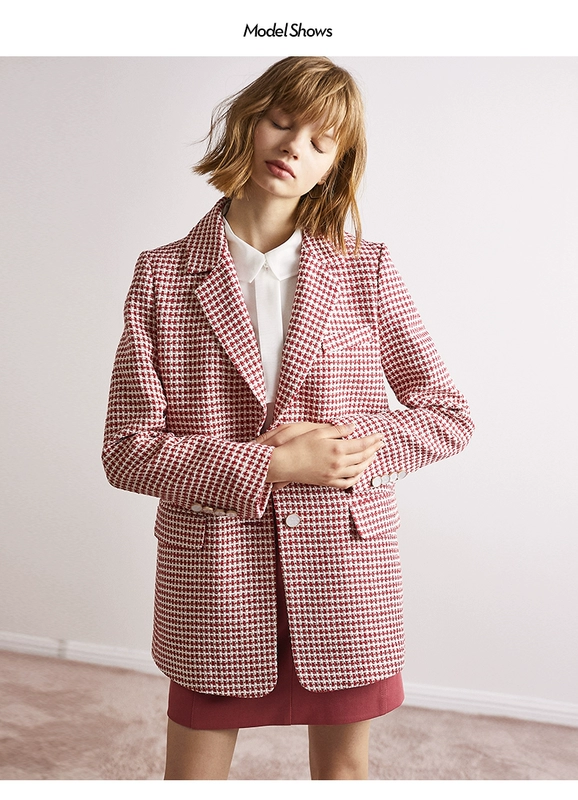 Oece mùa xuân và mùa thu quần áo mới của phụ nữ mô hình houndstooth retro Người Anh đẹp trai ve áo tính khí phù hợp với áo khoác - Business Suit