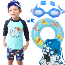 Little boy childrens swimsuit boy split swimming trunks baby long sleeve sunscreen cap set with swimming ring