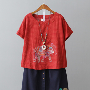民族风绣花百搭上衣短款2017新文艺棉麻短袖