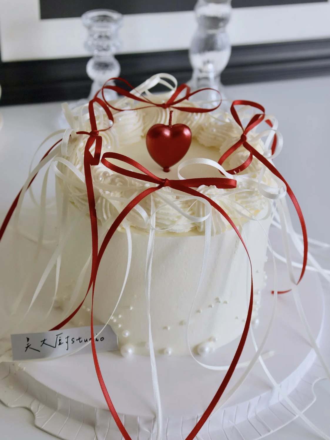 网红七夕情人节蛋糕装饰红色爱心蜡烛芭蕾风丝带插排女生生日蛋糕