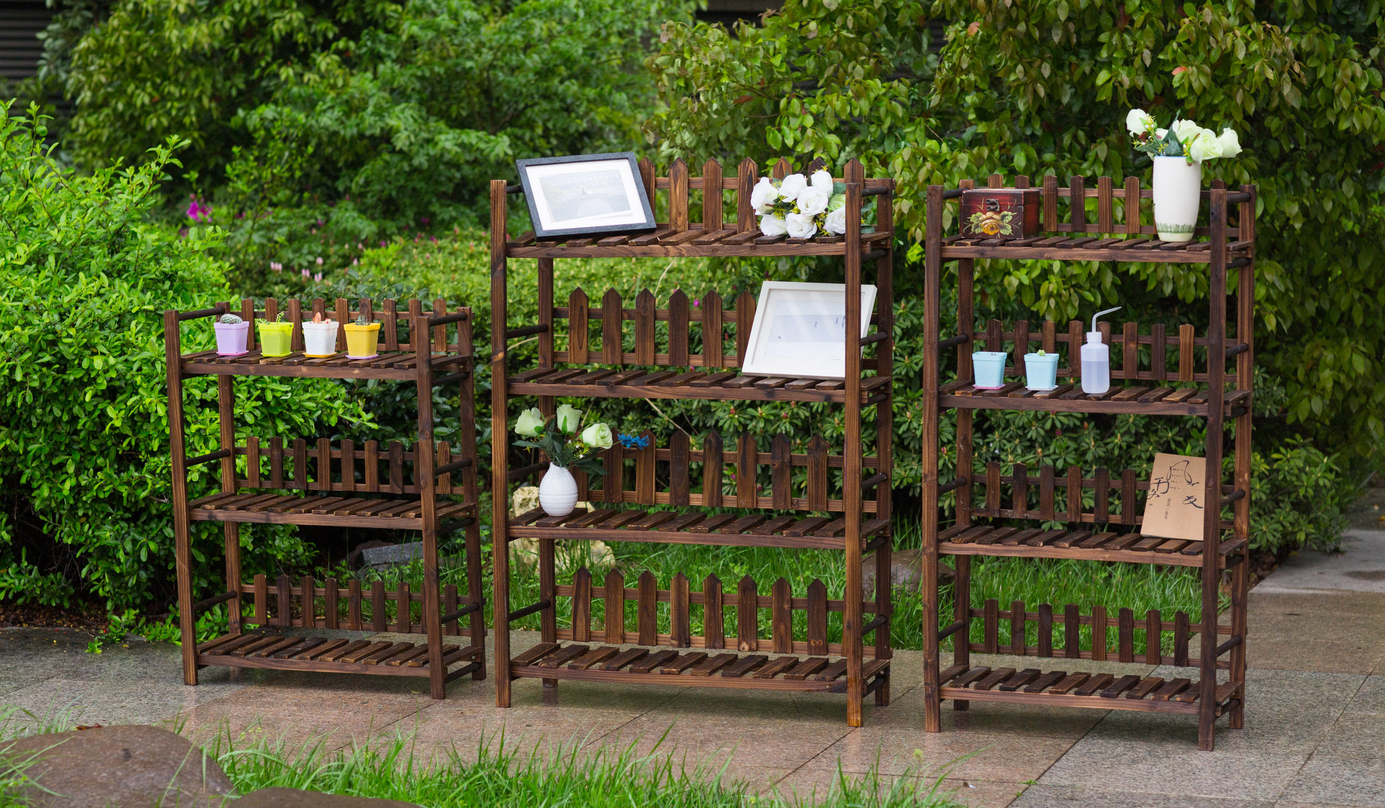 加厚阳台落地花架 多肉花架实木质花架 碳化防腐花架子 花盆架子