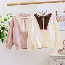 Girl Sweater Spring Autumn Clothing New College Wind Little Girl Sets Head Lace Collar Rolled Side Ocean Qi Children Blouse Bump Color
