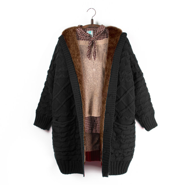 ເສື້ອຢືດແບບເກົາຫຼີແບບໜາໆ Sherpa splicing slim sweater thickened plus velvet mid-length hooded cardigan large size coat for women