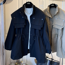 Handsome pocket shawl tooling windbreaker coat coat women tide long fake two pieces design sense niche Korean loose autumn