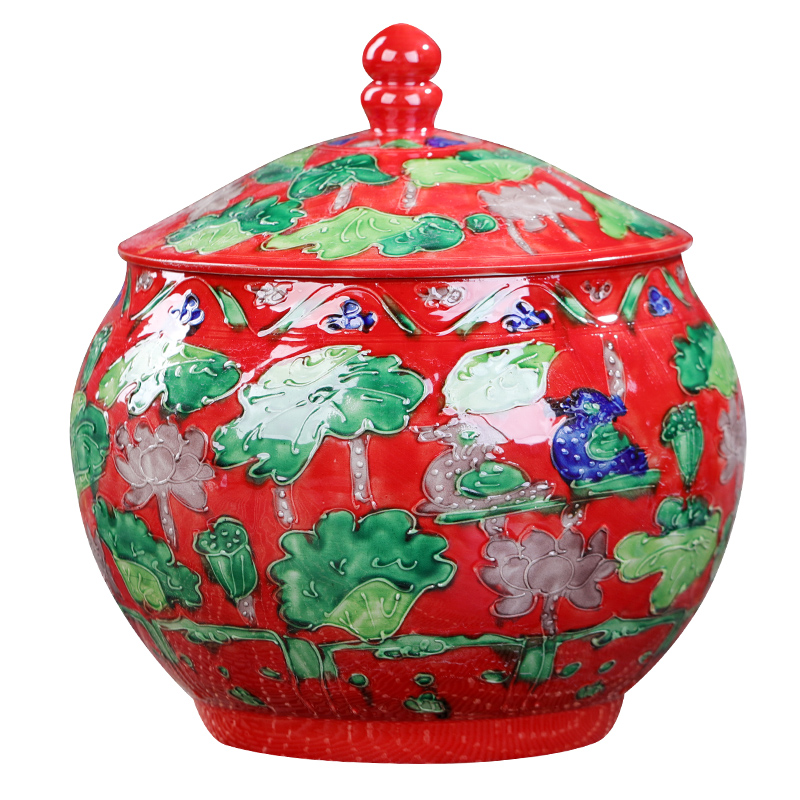Jingdezhen ceramic carved lotus tea jar large storage tanks with cover loose tea home storage tank capacity