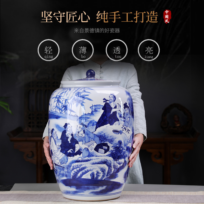 Jingdezhen hand made blue and white porcelain tea pot size large pu 'er tea cake storage tanks to heavy cylinder code tea bucket