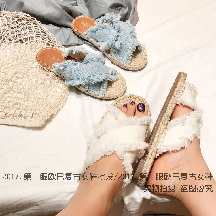 巴寶莉眼鏡的價格 第二眼歐巴復古女鞋20夏季露趾牛仔交叉綁帶漁夫草編拖鞋女潮流蘇 巴寶莉