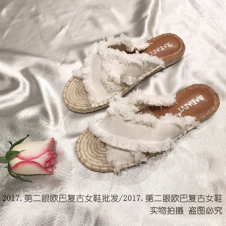 巴寶莉眼鏡的價格 第二眼歐巴復古女鞋20夏季露趾牛仔交叉綁帶漁夫草編拖鞋女潮流蘇 巴寶莉