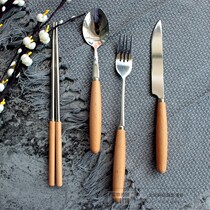 Japanese wooden handle stainless steel tableware spoon fork background photography props Dinner knife food photo props set