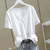 V-collar white short-sleeved T-shirt woman 2022 summer new Han Fan Xian thin pure cotton ins Maobian compassionate loose top