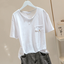 insshort-sleeved and shirt-shirt-shirt pocket new Han version in summer 2022 loose and thin white bamboo chamber cotton half-sleeved top