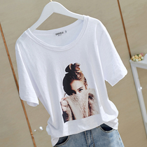 Character Printed Short Sleeve T-shirt Wind Xia 2023 New Round Collar White Bamboo Festival Cotton Loose Semi-Sevel Upper Channel