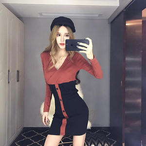 Slim fit hip wrap dress women’s Cross V-neck color matching skirt