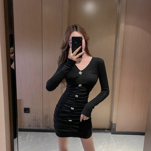 Sexy tight dress fashion drill button buttock skirt