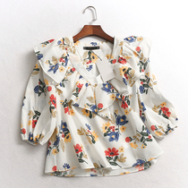 B865 printed design sense small crowdblouse laminated loose V collar lantern 70% sleeves spring and summer new womens shirt clothes